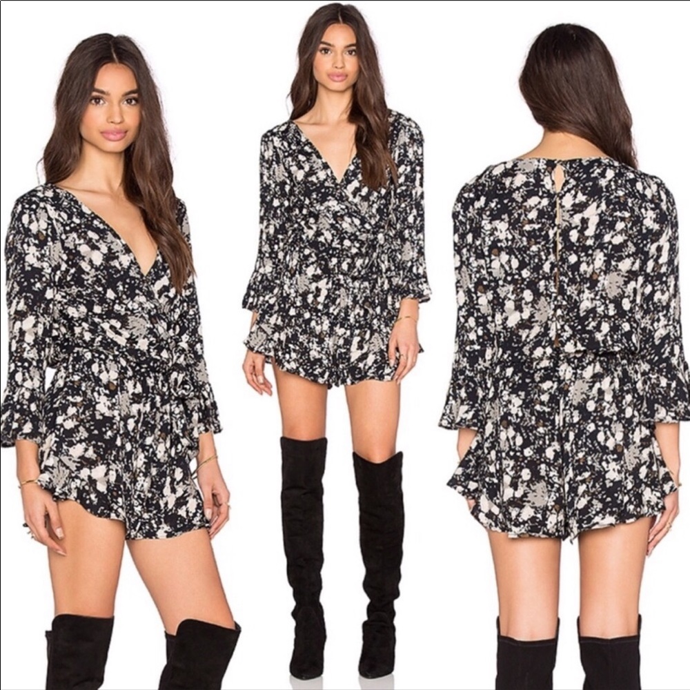 Revolve Free People Black and Brown Ruffle Romper with Button Up Back